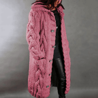 Women's Hooded Cable Knit Long Cardigan with Buttons - Comfortable Fit Pink