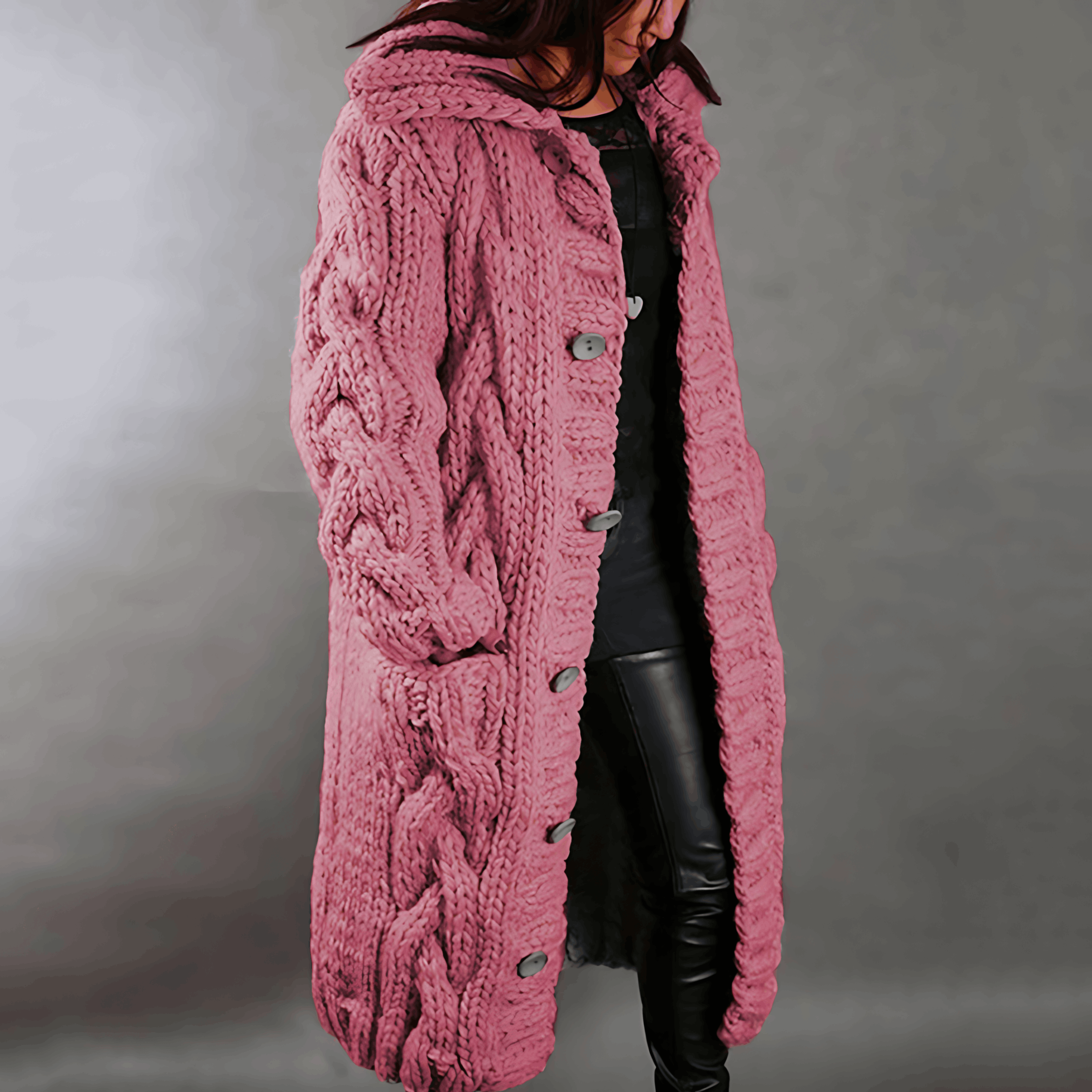 Women's Hooded Cable Knit Long Cardigan with Buttons - Comfortable Fit Pink