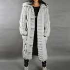Women's Hooded Cable Knit Long Cardigan with Buttons - Comfortable Fit Light Grey