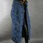 Women's Hooded Cable Knit Long Cardigan with Buttons - Comfortable Fit Blue