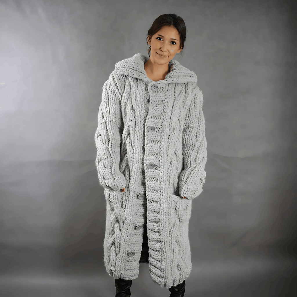 Women's Hooded Cable Knit Long Cardigan with Buttons - Comfortable Fit