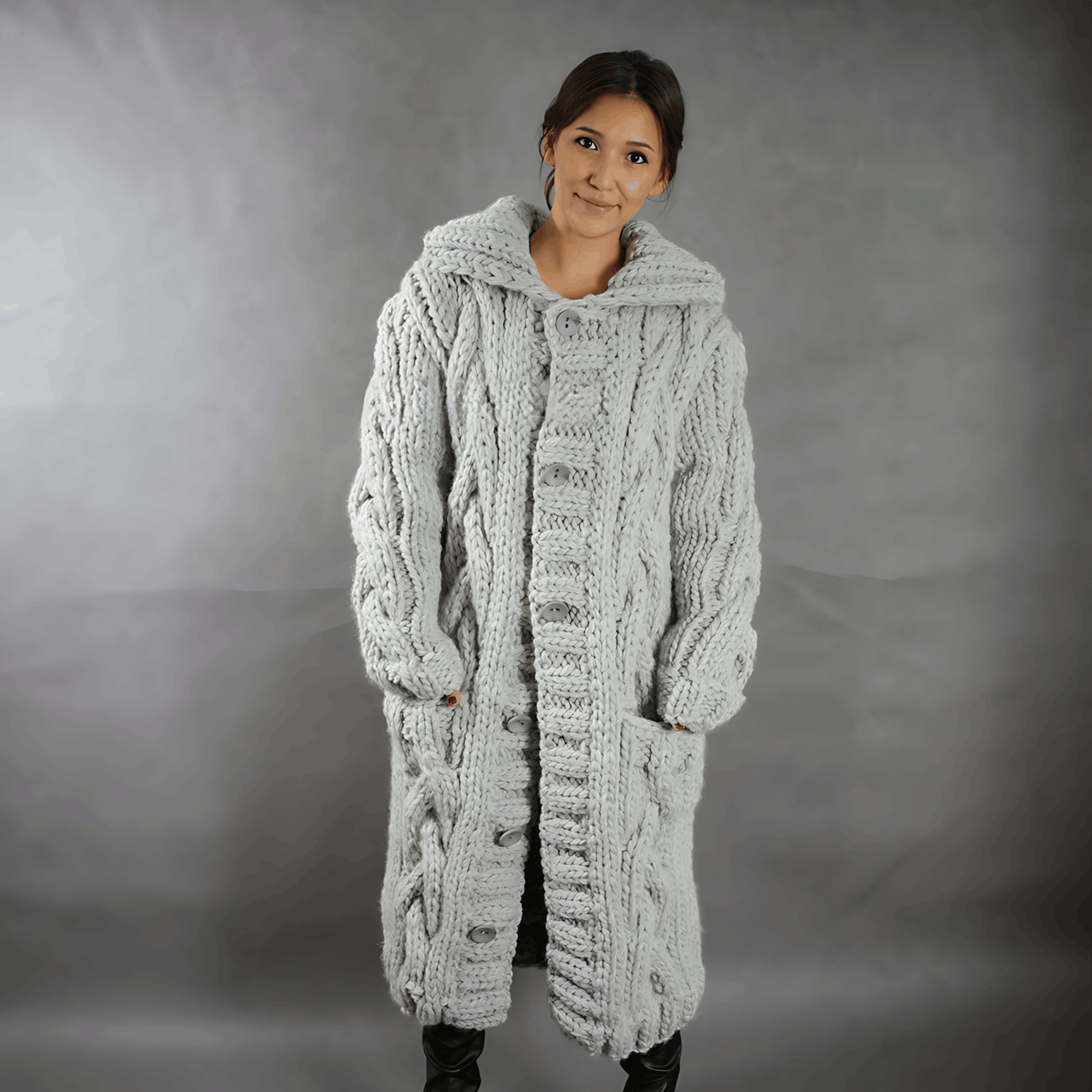 Women's Hooded Cable Knit Long Cardigan with Buttons - Comfortable Fit