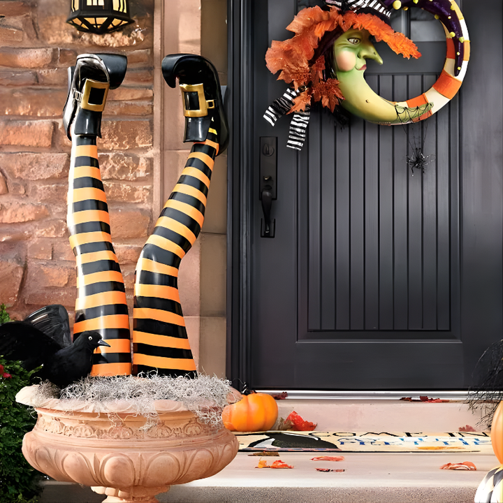 Halloween's Witch Leg Garden Stakes with Striped Boots, Set of 2 Yellow and Black