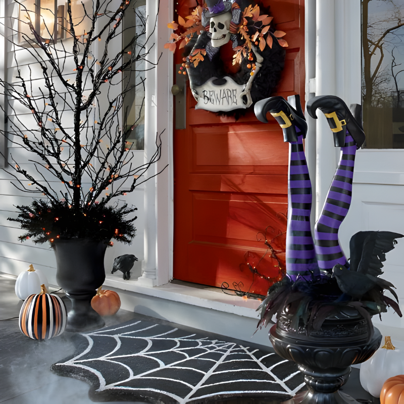 Halloween's Witch Leg Garden Stakes with Striped Boots, Set of 2 Purple and Black