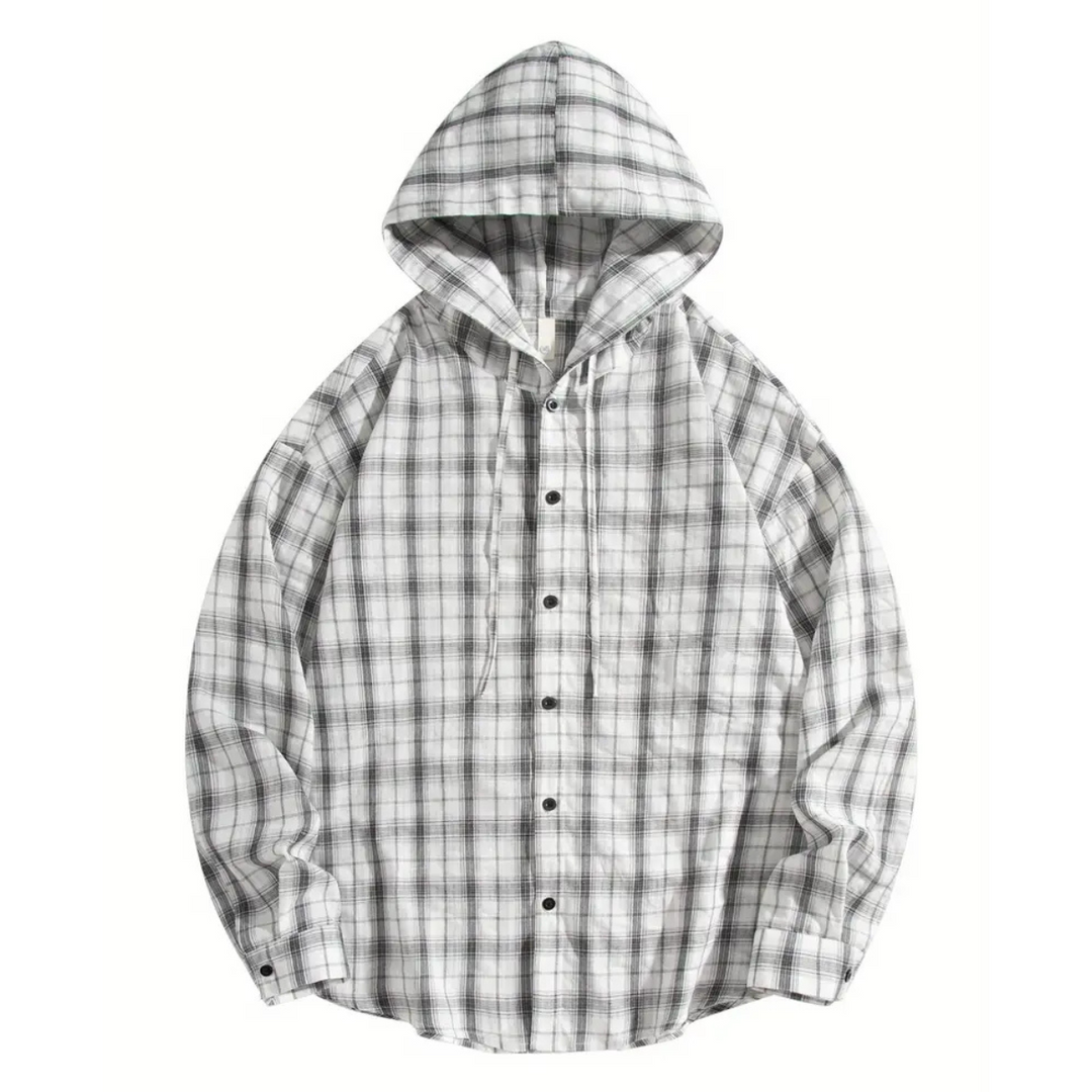 Men's Hooded Plaid Shirt - Stylish and Comfortable White