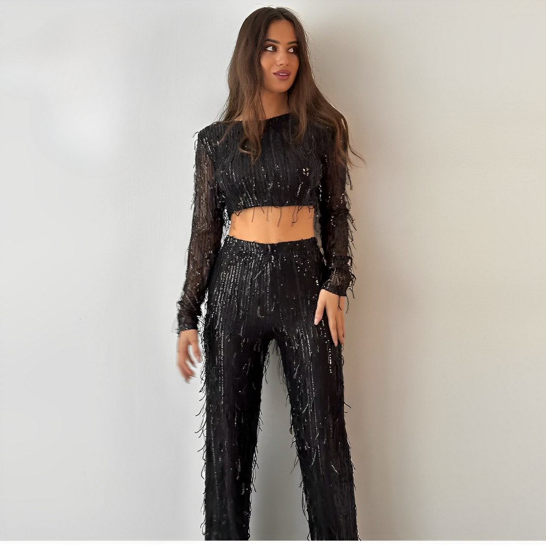 Women's Glossy Two-Piece Set - Long Sleeve Crop Top & High Waist Pants Black