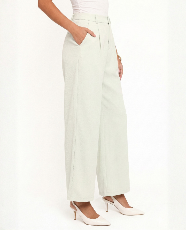 Women's High-Rise Sage Green Wide Leg Trousers with Front Pleat