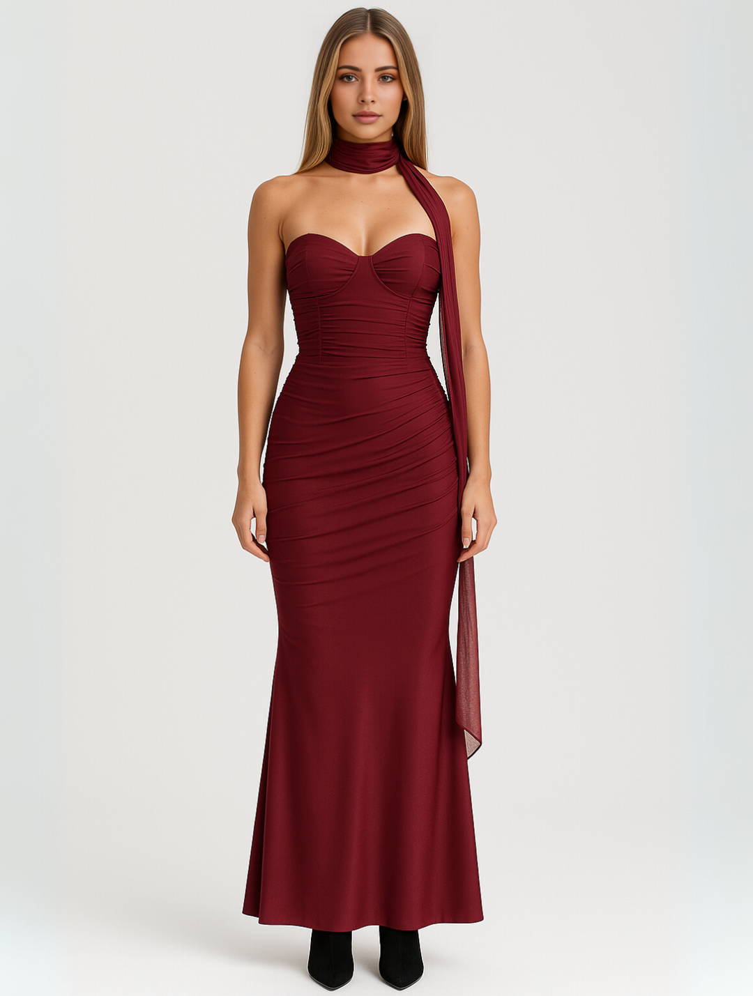 Phyllis | Elegant Strapless Choker Dress Burgundy