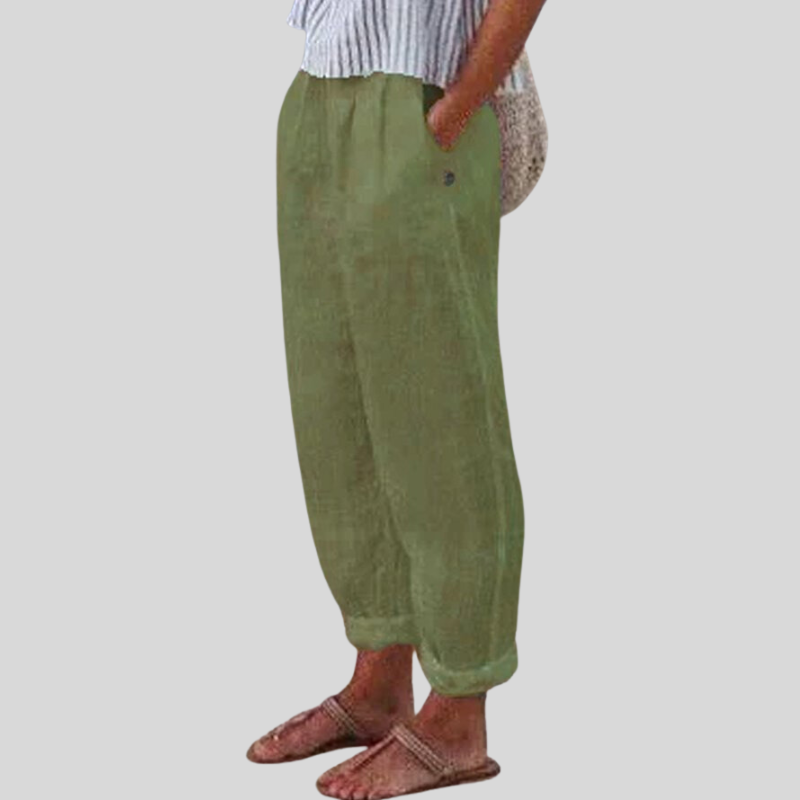 Women's Folded Hem Linen Trousers Green