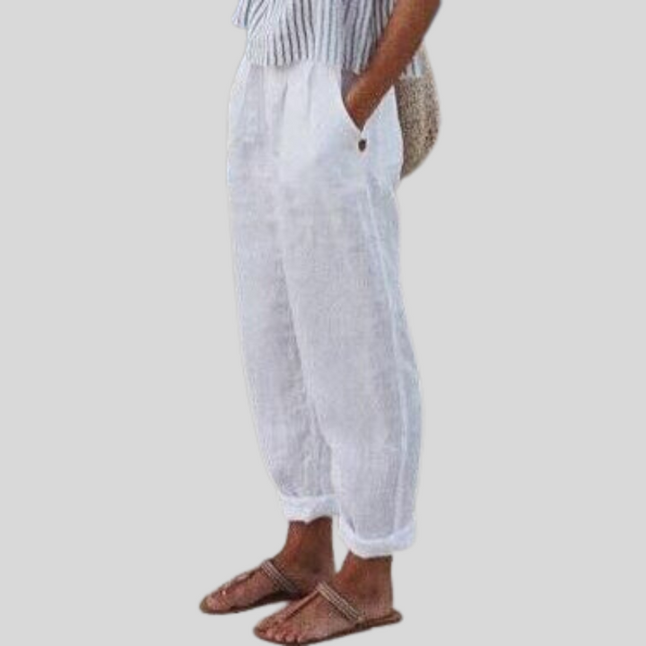 Women's Folded Hem Linen Trousers White