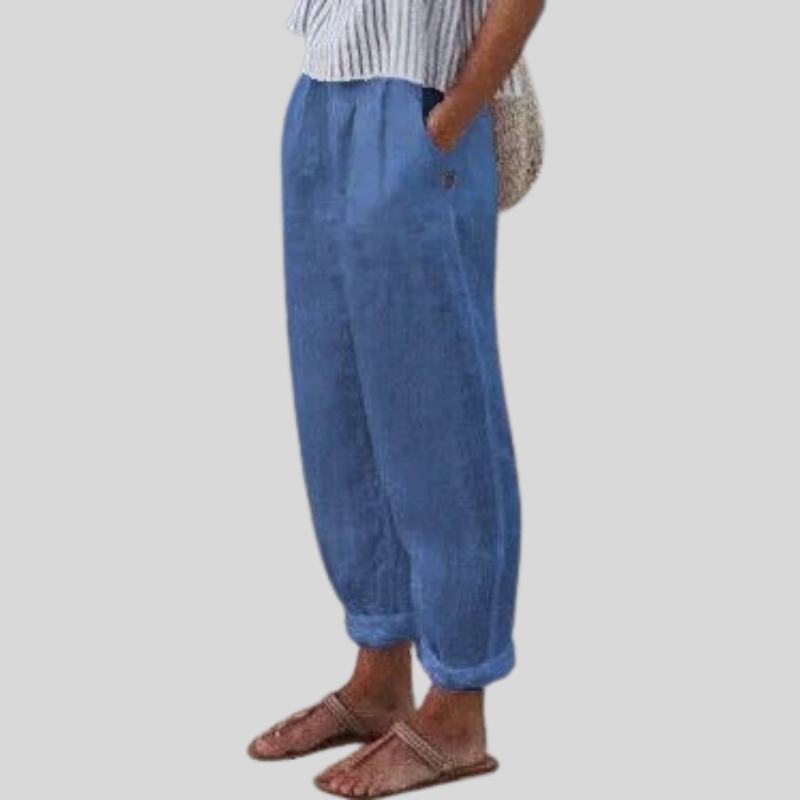 Women's Folded Hem Linen Trousers Blue
