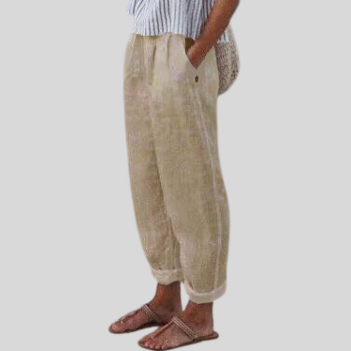 Women's Folded Hem Linen Trousers Beige