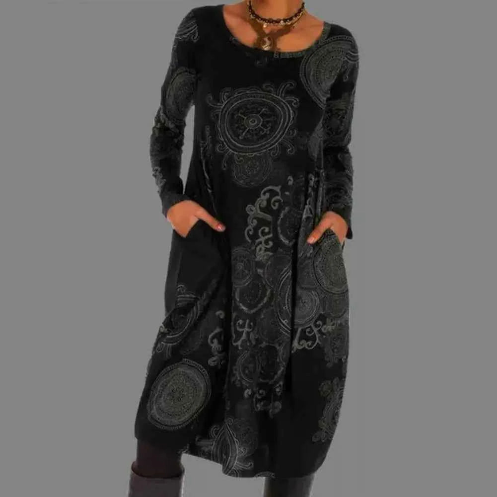 Women's Vintage Boho Midi Dress Black