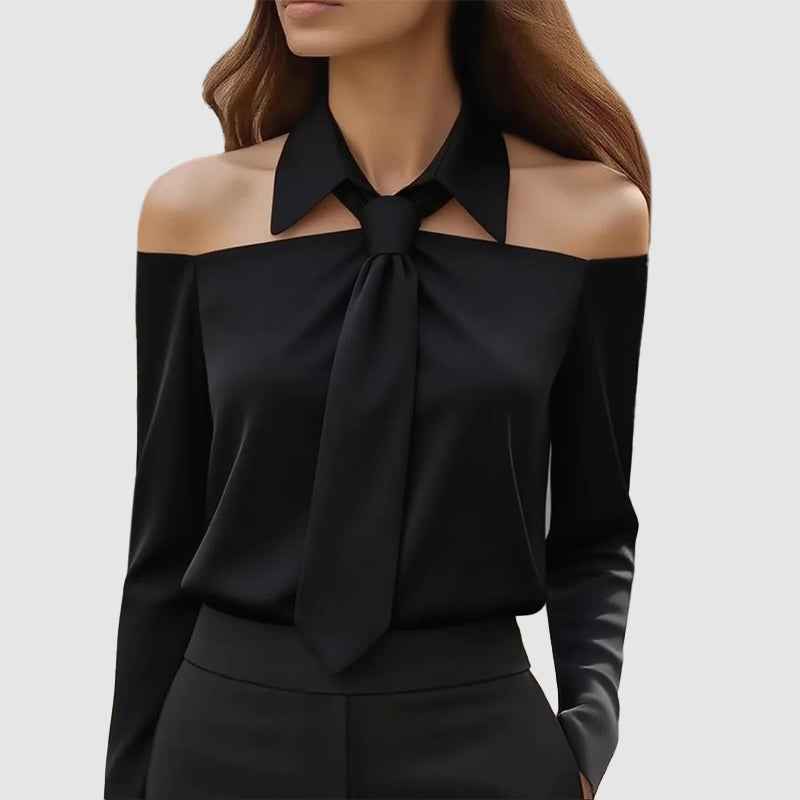 Women's Off-Shoulder Tie-Neck Long Sleeve Blouse