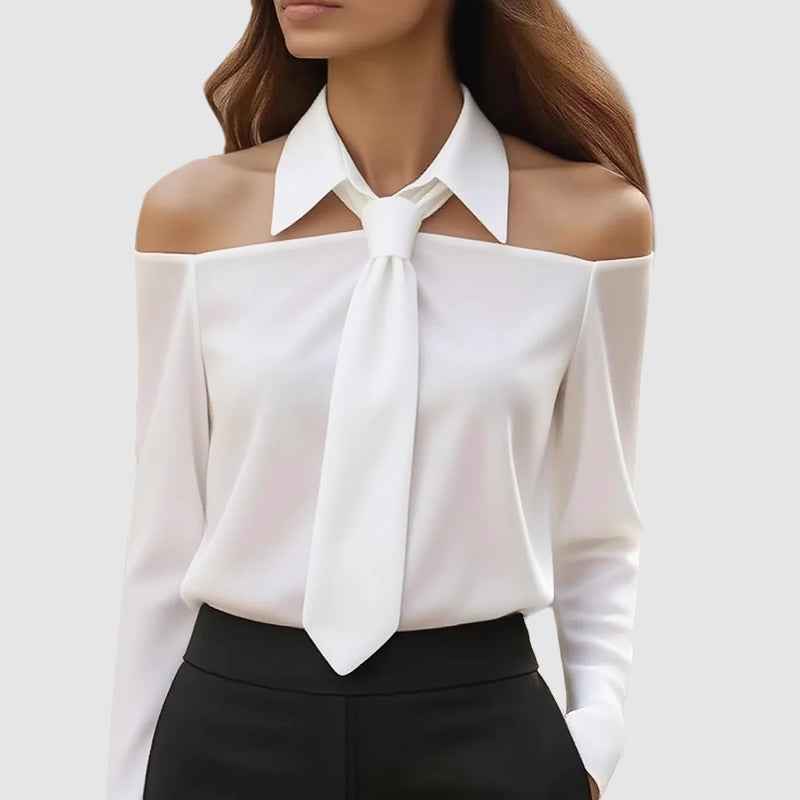 Women's Off-Shoulder Tie-Neck Long Sleeve Blouse