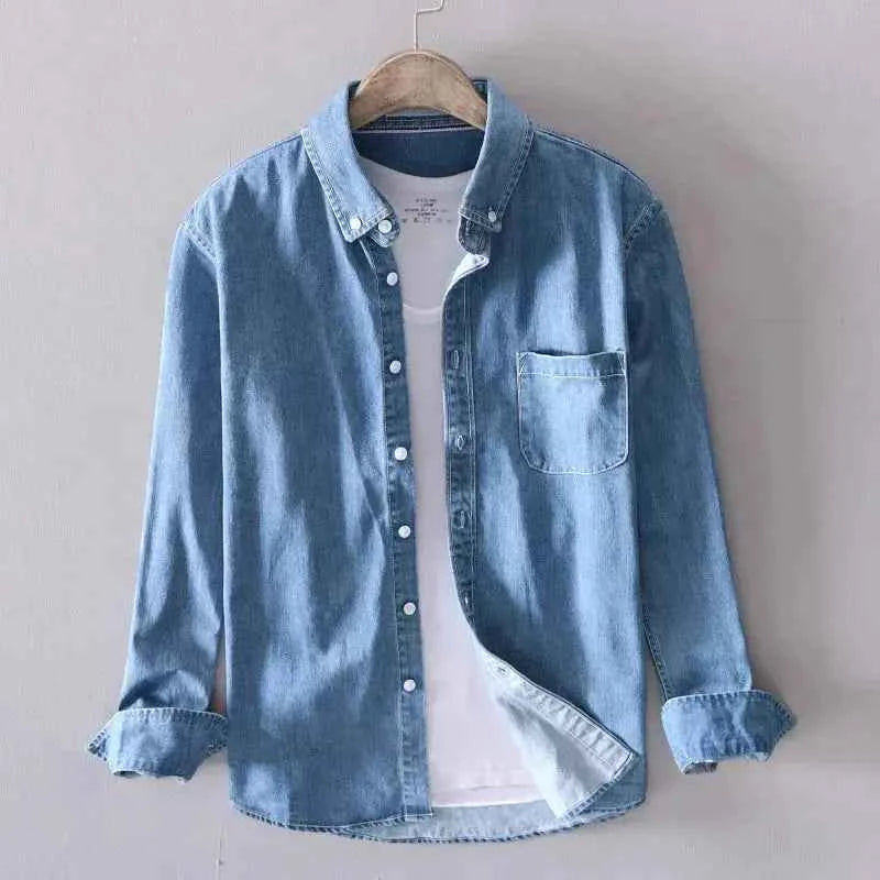 Men's Pure Cotton Denim Long-Sleeve Shirt Blue