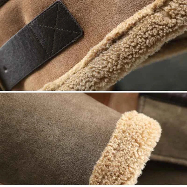 Men's Faux Suede Relaxed Fit Bomber Jacket with Shearling Trim and Color Block Design