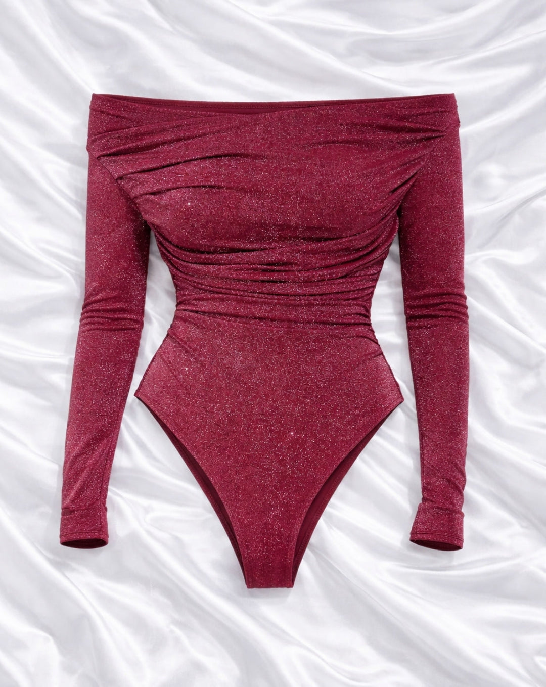 Dora | Women's Stylish Metallic Knit Bodysuit with Long Sleeves Red