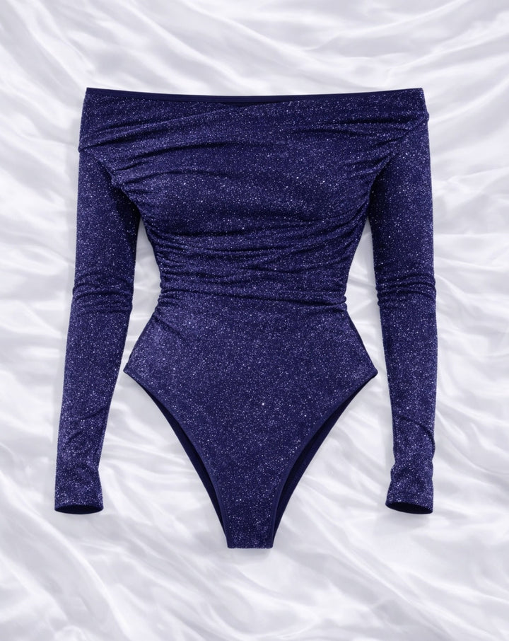 Dora | Women's Stylish Metallic Knit Bodysuit with Long Sleeves Blue
