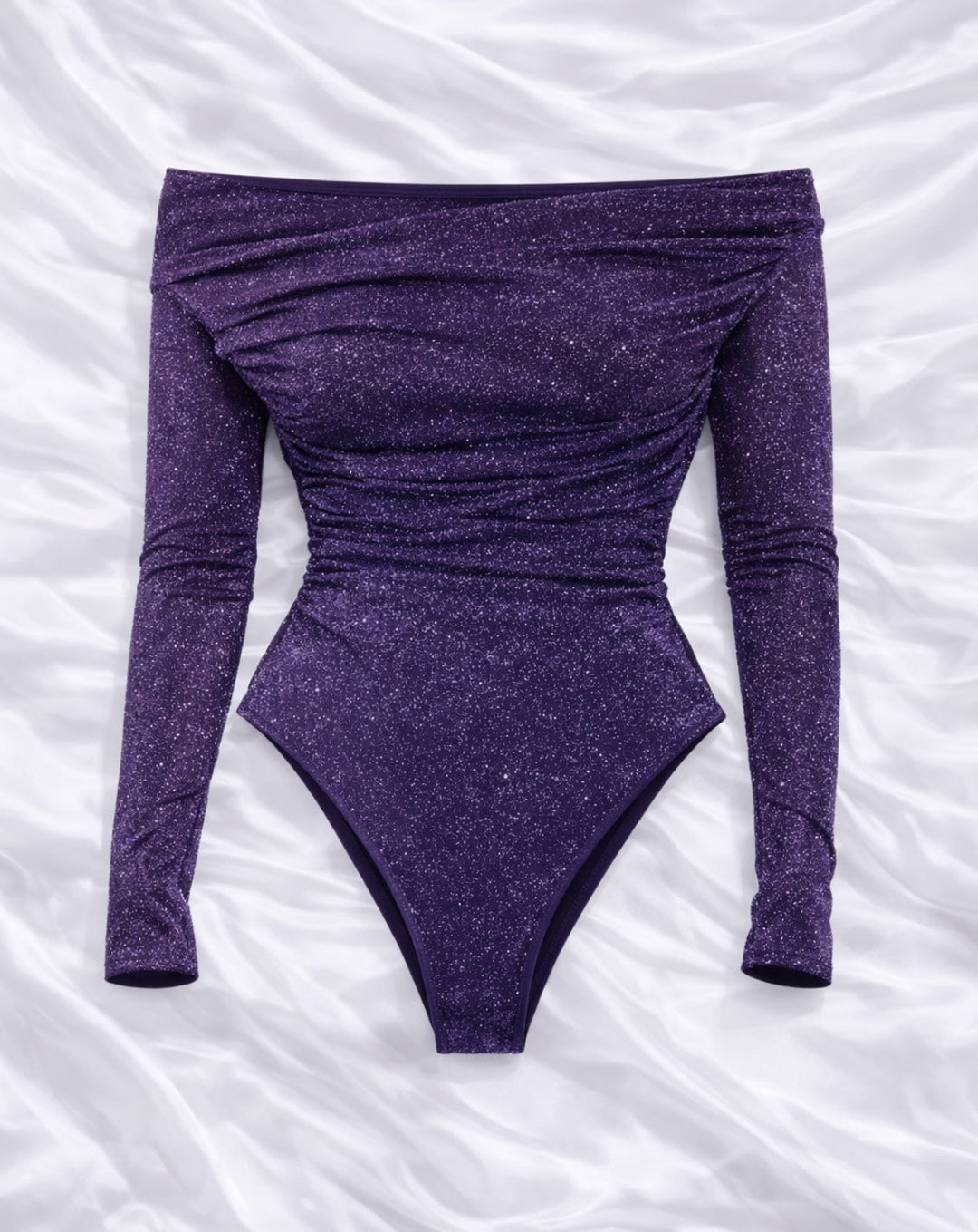 Dora | Women's Stylish Metallic Knit Bodysuit with Long Sleeves Purple