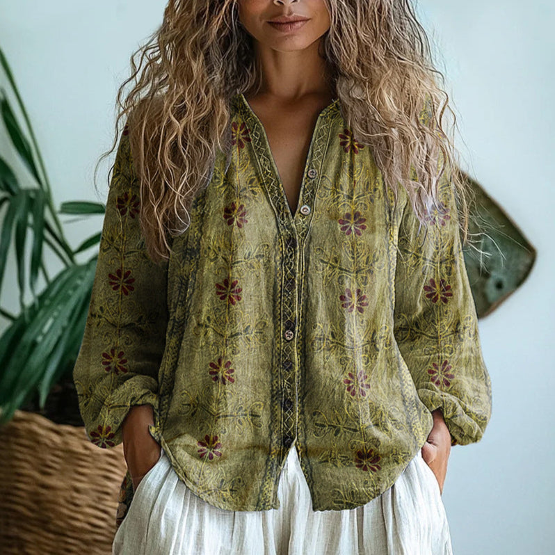 Women's Floral Print V-Neck Blouse in Vintage Style Green