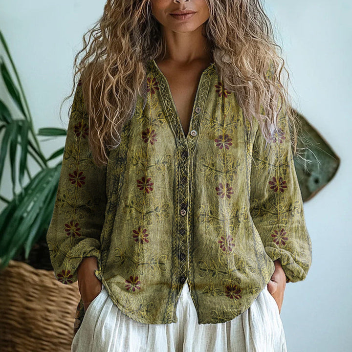 Women's Floral Print V-Neck Blouse in Vintage Style Green