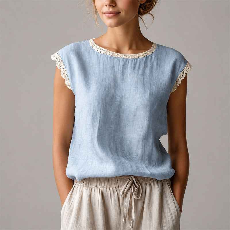 Women's Lace-Trim Cap Sleeve Linen Crinkle Top