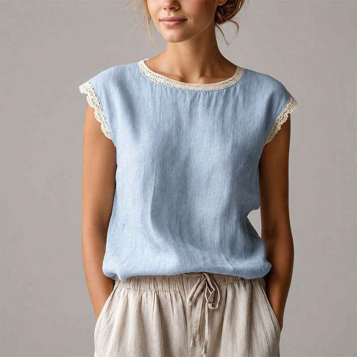 Women's Lace-Trim Cap Sleeve Linen Crinkle Top