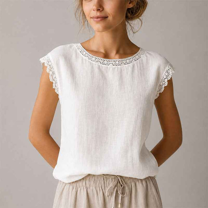 Women's Lace-Trim Cap Sleeve Linen Crinkle Top