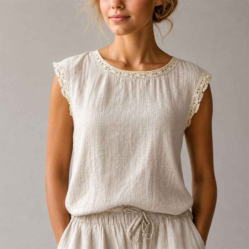 Women's Lace-Trim Cap Sleeve Linen Crinkle Top