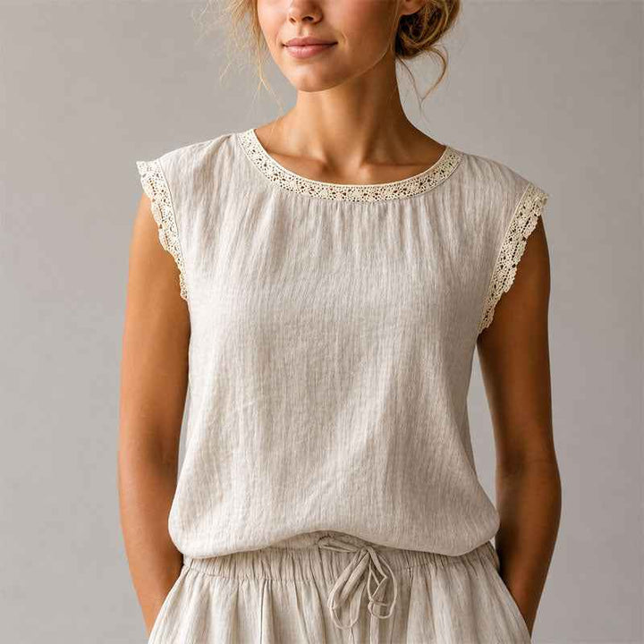 Women's Lace-Trim Cap Sleeve Linen Crinkle Top