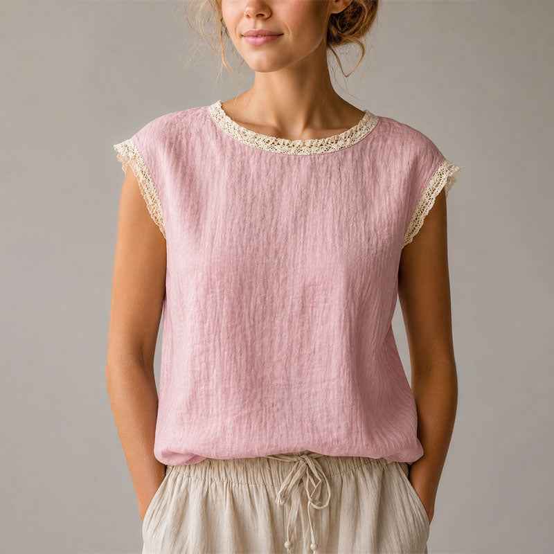 Women's Lace-Trim Cap Sleeve Linen Crinkle Top