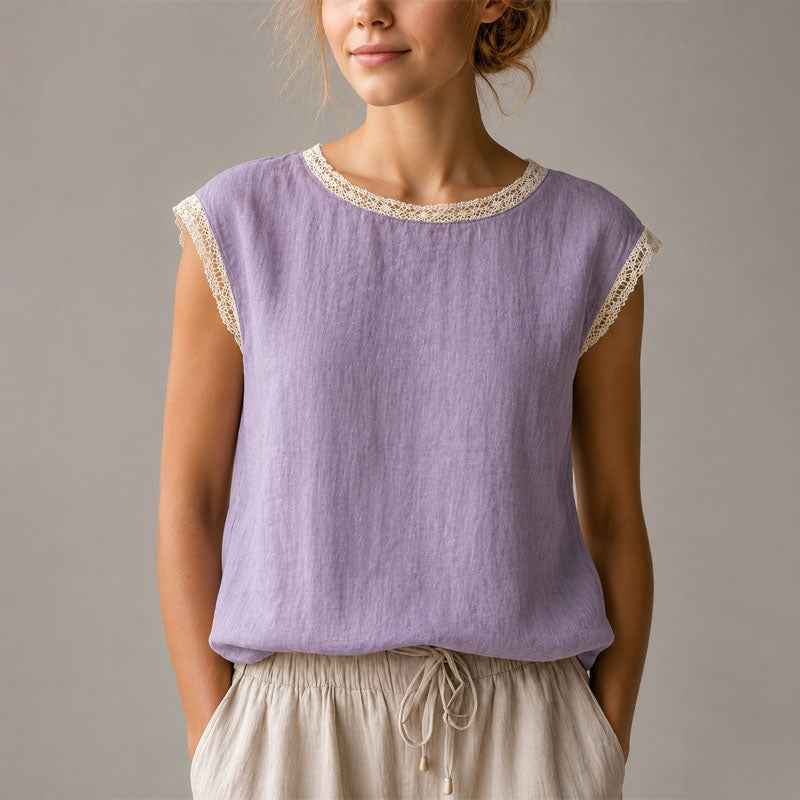 Women's Lace-Trim Cap Sleeve Linen Crinkle Top