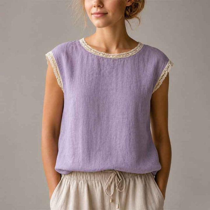 Women's Lace-Trim Cap Sleeve Linen Crinkle Top