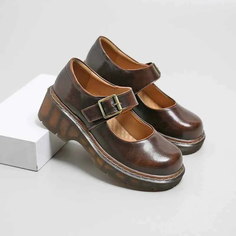 Vintage Buckle Mary Janes Women Loafers Brown