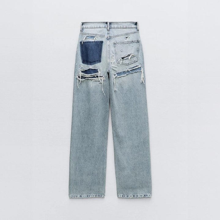 Burgina | Women's Vintage Ripped Jeans with Unique Patchwork Design
