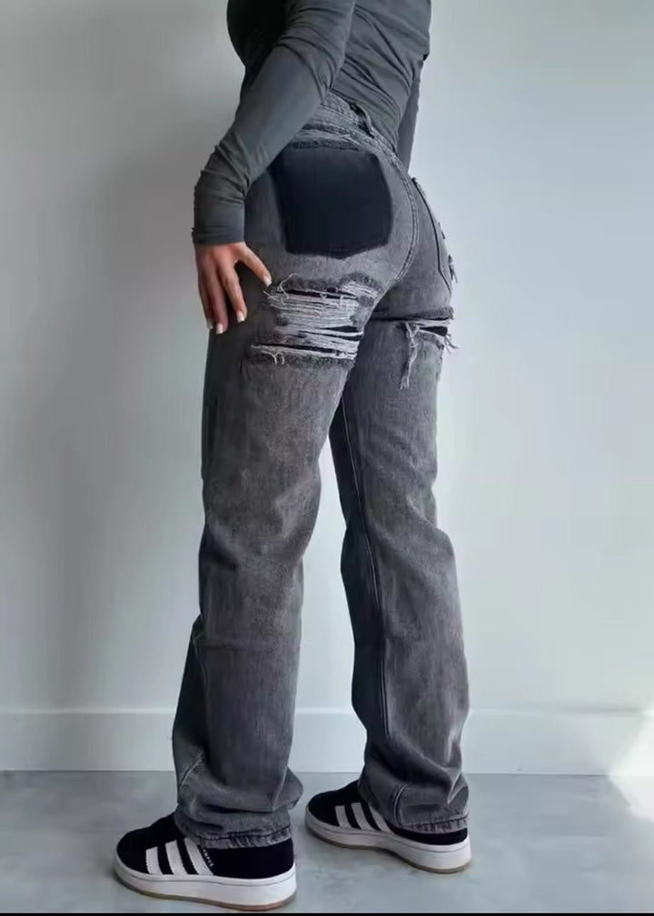 Burgina | Women's Vintage Ripped Jeans with Unique Patchwork Design Gray