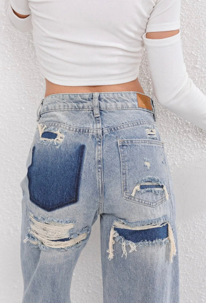 Burgina | Women's Vintage Ripped Jeans with Unique Patchwork Design