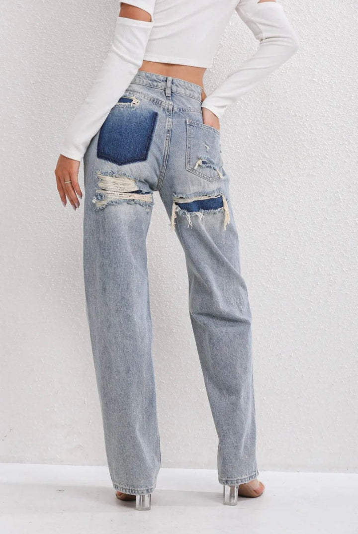 Burgina | Women's Vintage Ripped Jeans with Unique Patchwork Design