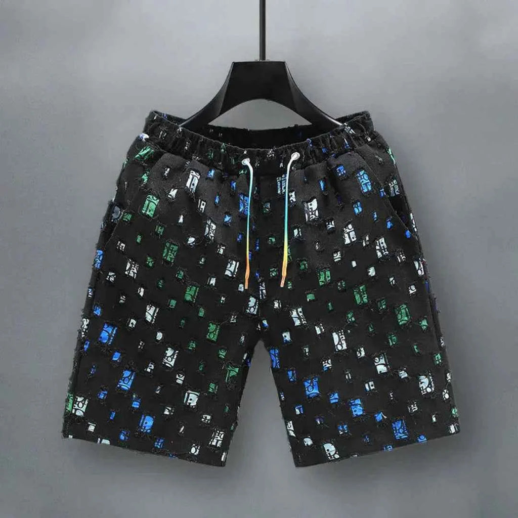 Men's Reflective Grid Denim Shorts Black