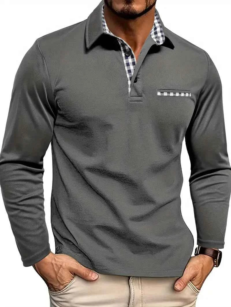 Men's Long Sleeve Polo Shirt with Check Trim Grey
