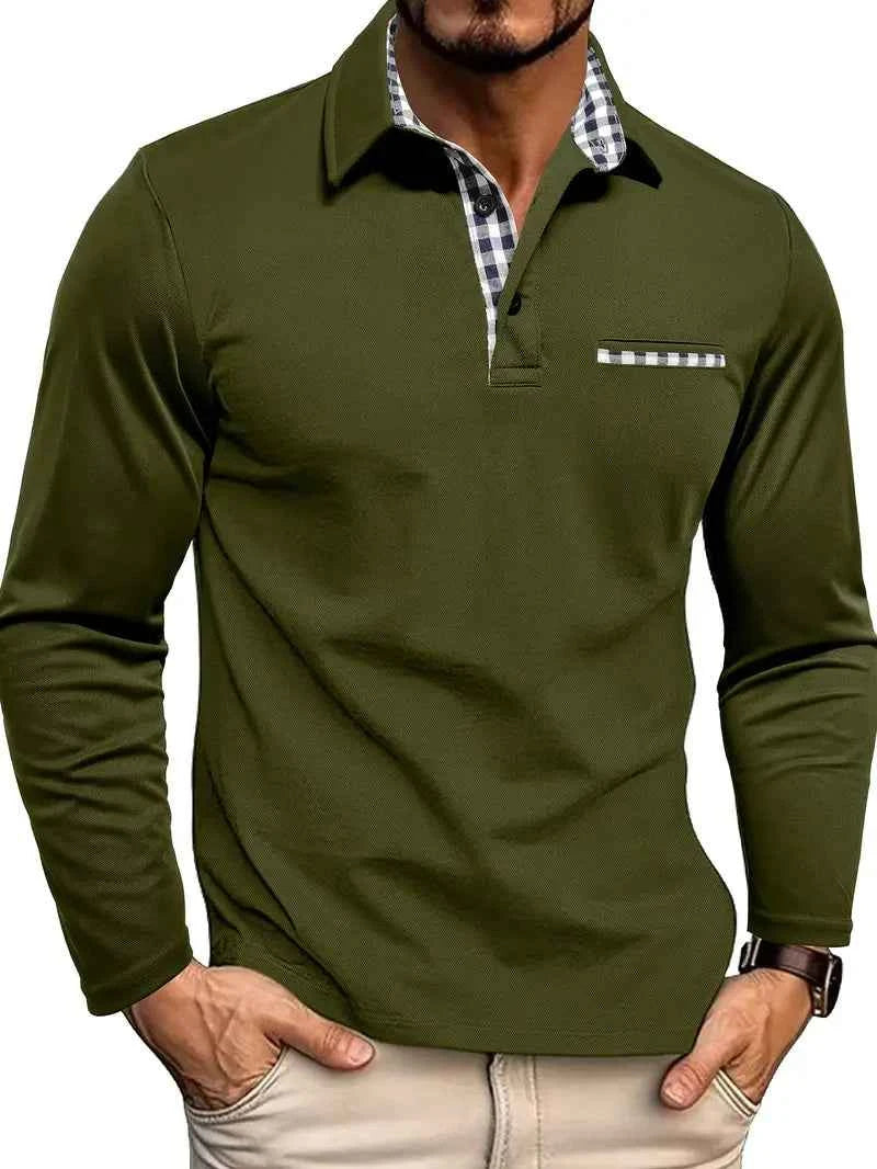 Men's Long Sleeve Polo Shirt with Check Trim Green