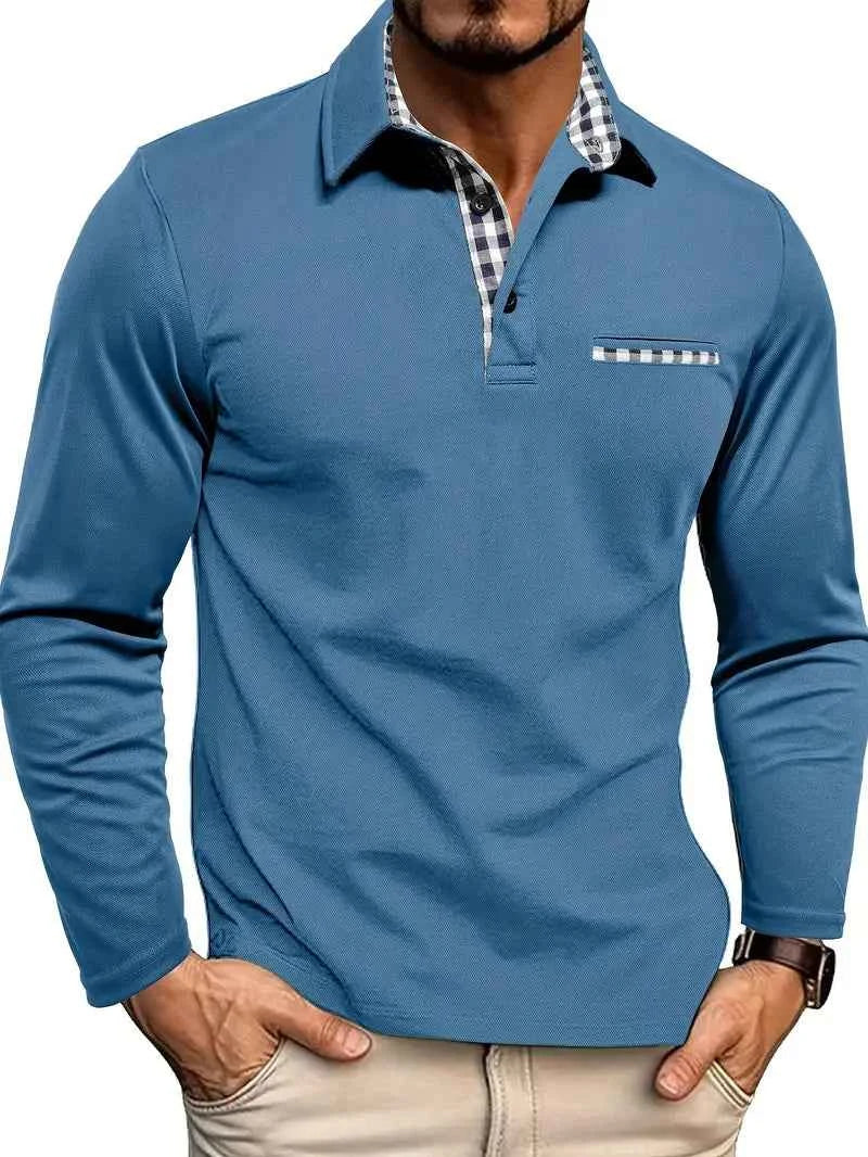 Men's Long Sleeve Polo Shirt with Check Trim Blue