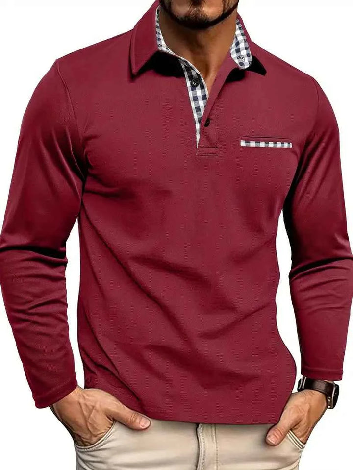 Men's Long Sleeve Polo Shirt with Check Trim Red