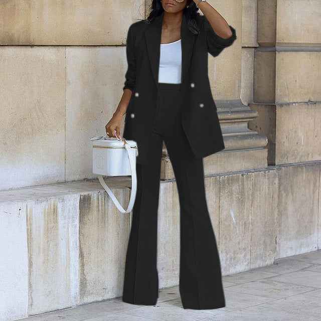 Women's Tailored Pantsuit - Blazer with Flared High Waist Trousers and Double Row Buttons Black