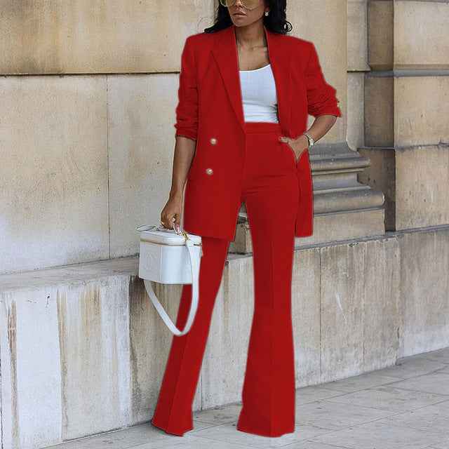 Women's Tailored Pantsuit - Blazer with Flared High Waist Trousers - Double Button Design Red