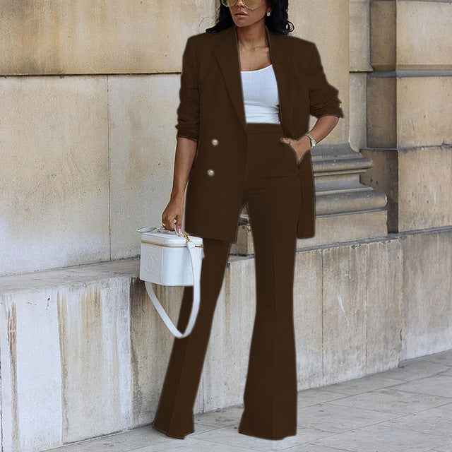 Women's Tailored Pantsuit - Blazer with Flared High Waist Trousers - Double Button Design Brown