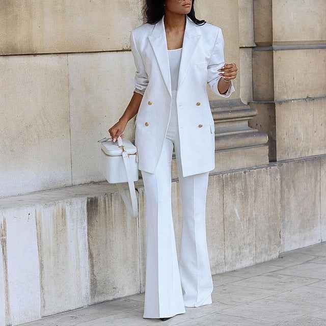 Women's Tailored Pantsuit - Blazer with Flared High Waist Trousers and Double Row Buttons White