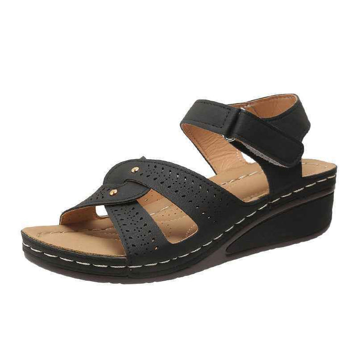 Wedge Heels Sandals Summer Shoes With Velcro Roman Shoes Black