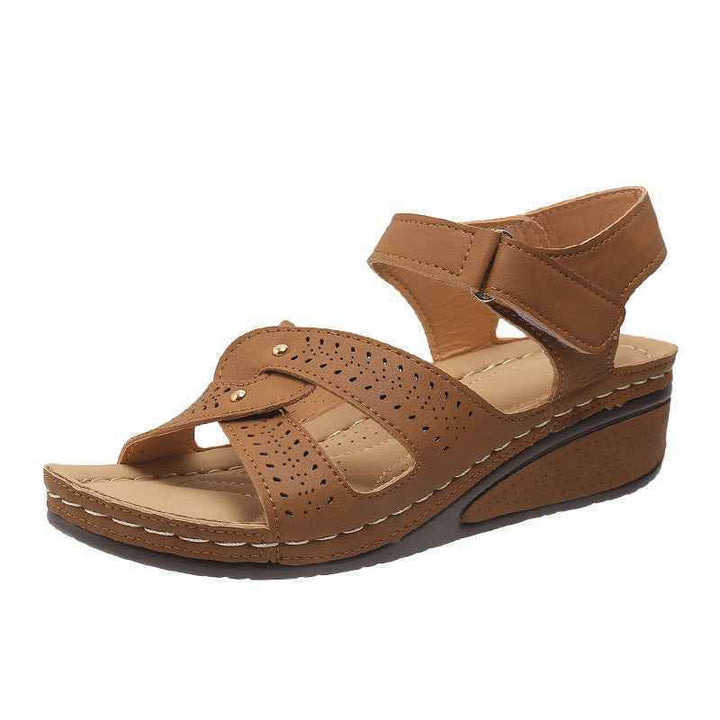 Wedge Heels Sandals Summer Shoes With Velcro Roman Shoes Brown